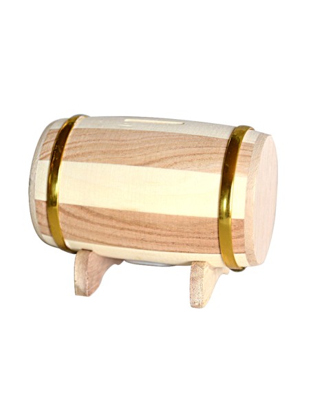 HUCHA GRABADA DE MADERA FORMA BARRIL 11*6.5*8CM