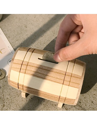 HUCHA GRABADA DE MADERA FORMA BARRIL...